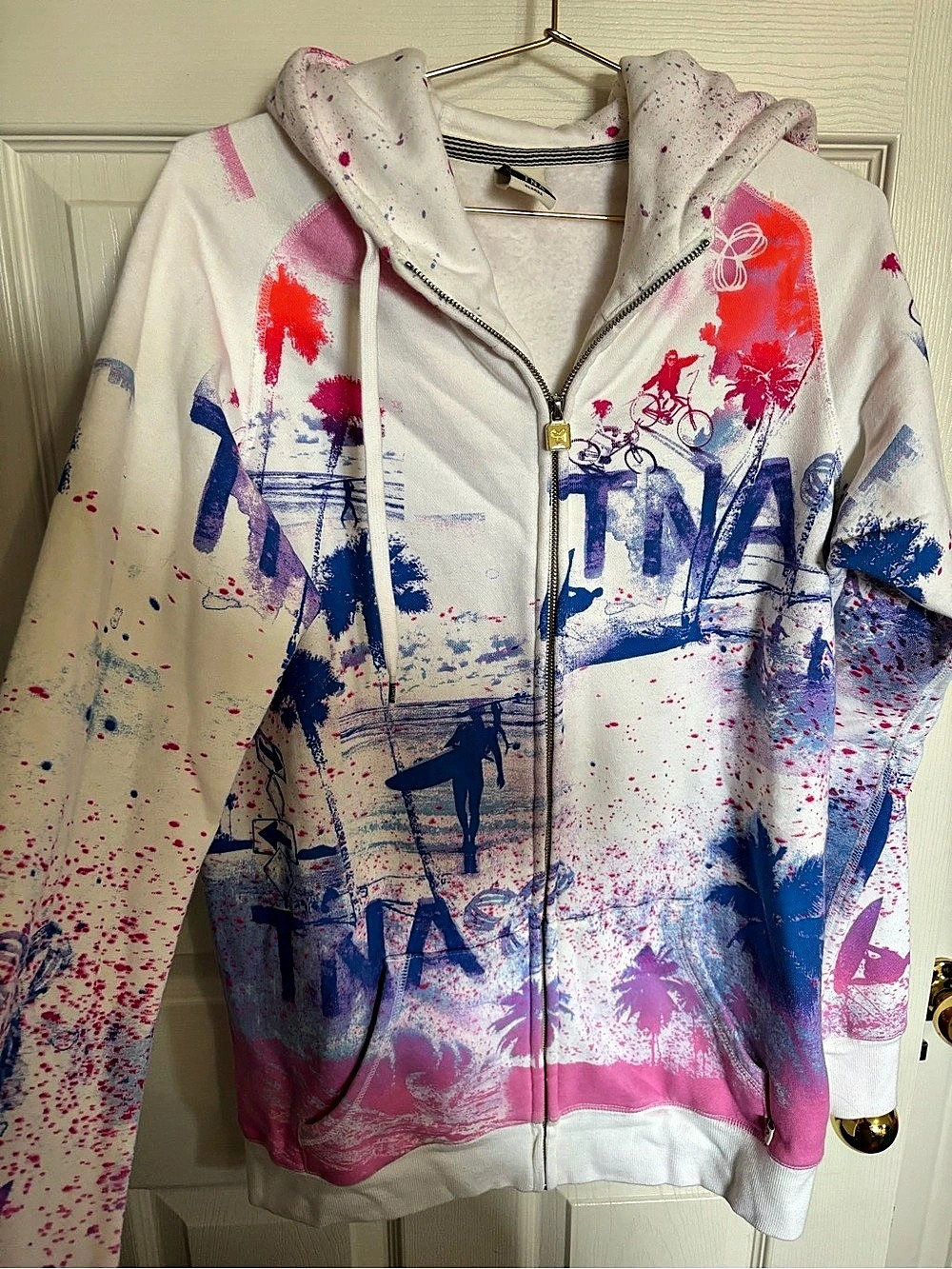 TNA Abstract Zip Hoodie in White & Pink Size XL